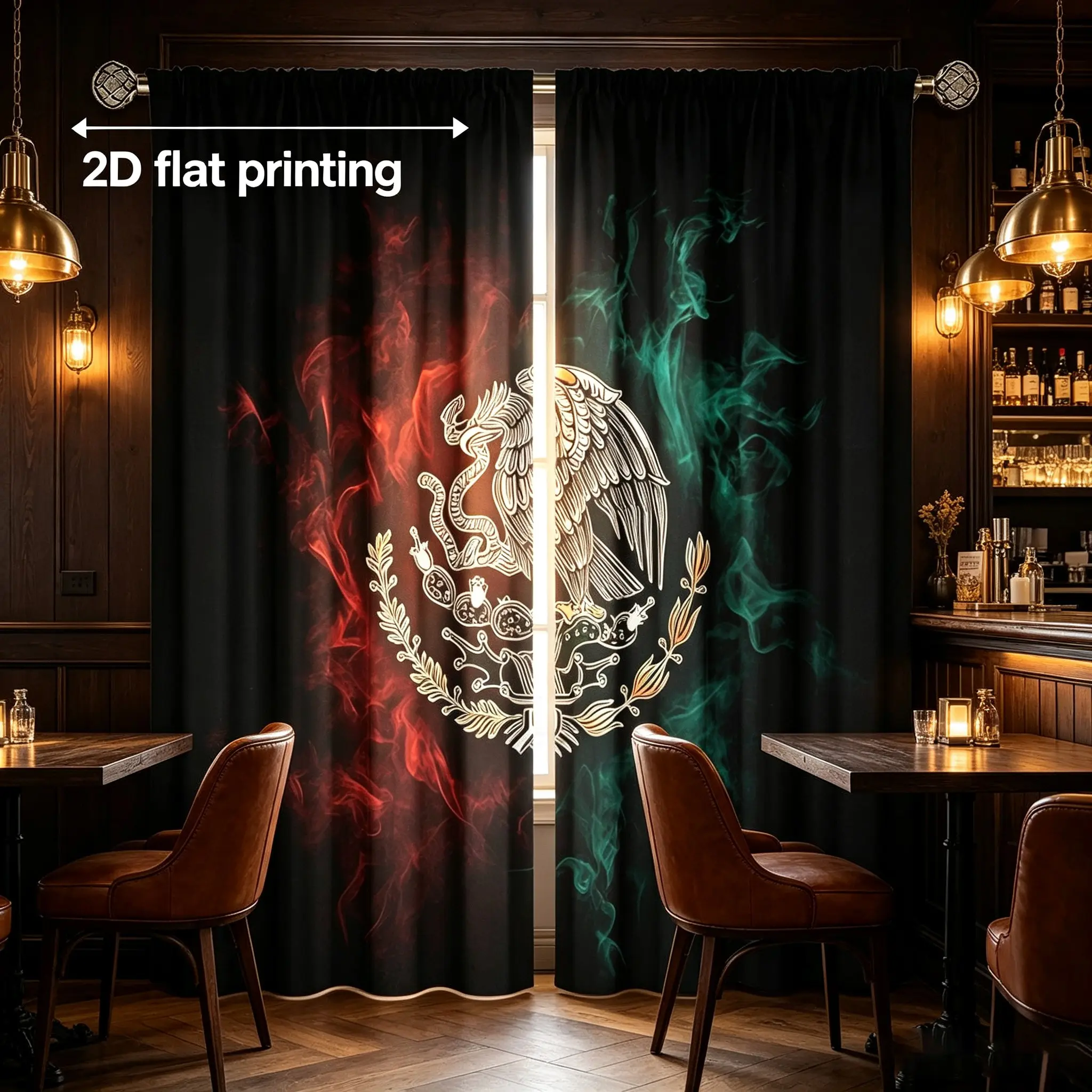 2-piece set of digital printed window curtains, Home decoration curtain, with black background and national flag design, made of semi-transparent polyester material, suitable for bedroom, living room decoration