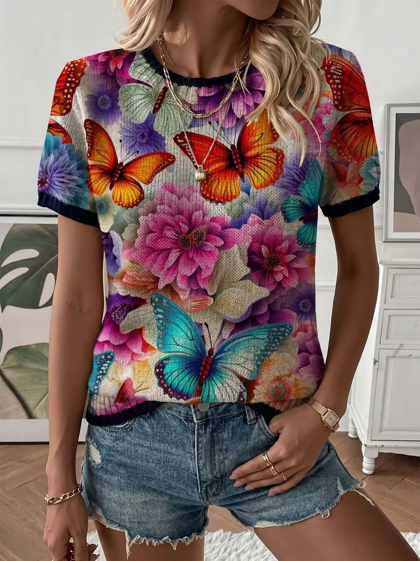 Plant Floral Print Round Neck Sweater, Spring Fall Short Sleeve Knit Top, Elegant Fitted Design, Contrast Binding, Comfortable Women's Clothing