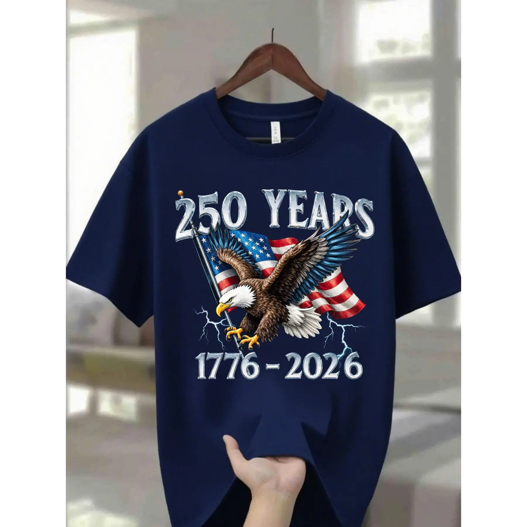 Navy Blue 100% Men's Round Neck T-Shirt with Eagle Pattern| 250 Years 1776- 2026 United States Flag Design, Ideal for Thanksgiving, Christmas, Summer, and Casual Attire, Men's Casual Comfortable T-Shirt