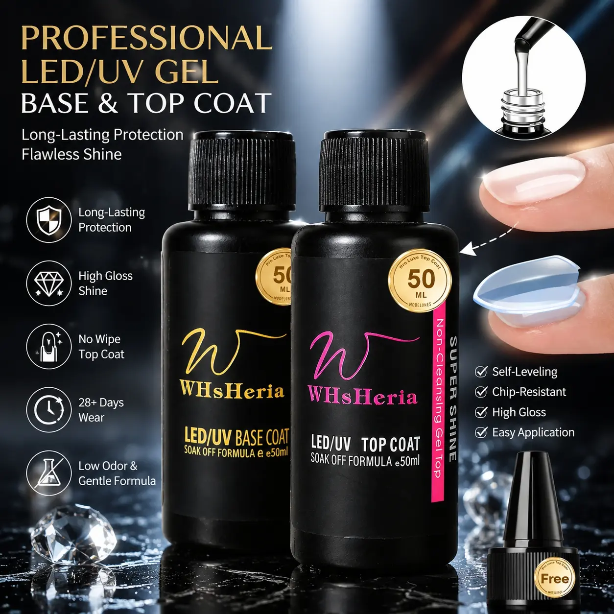 50ML Professional Gel Nail Polish Base Coat/topcoat, No Tpo and Hema, No Wipe, High Gloss, Durable Scratch-Resistant Nail Polish