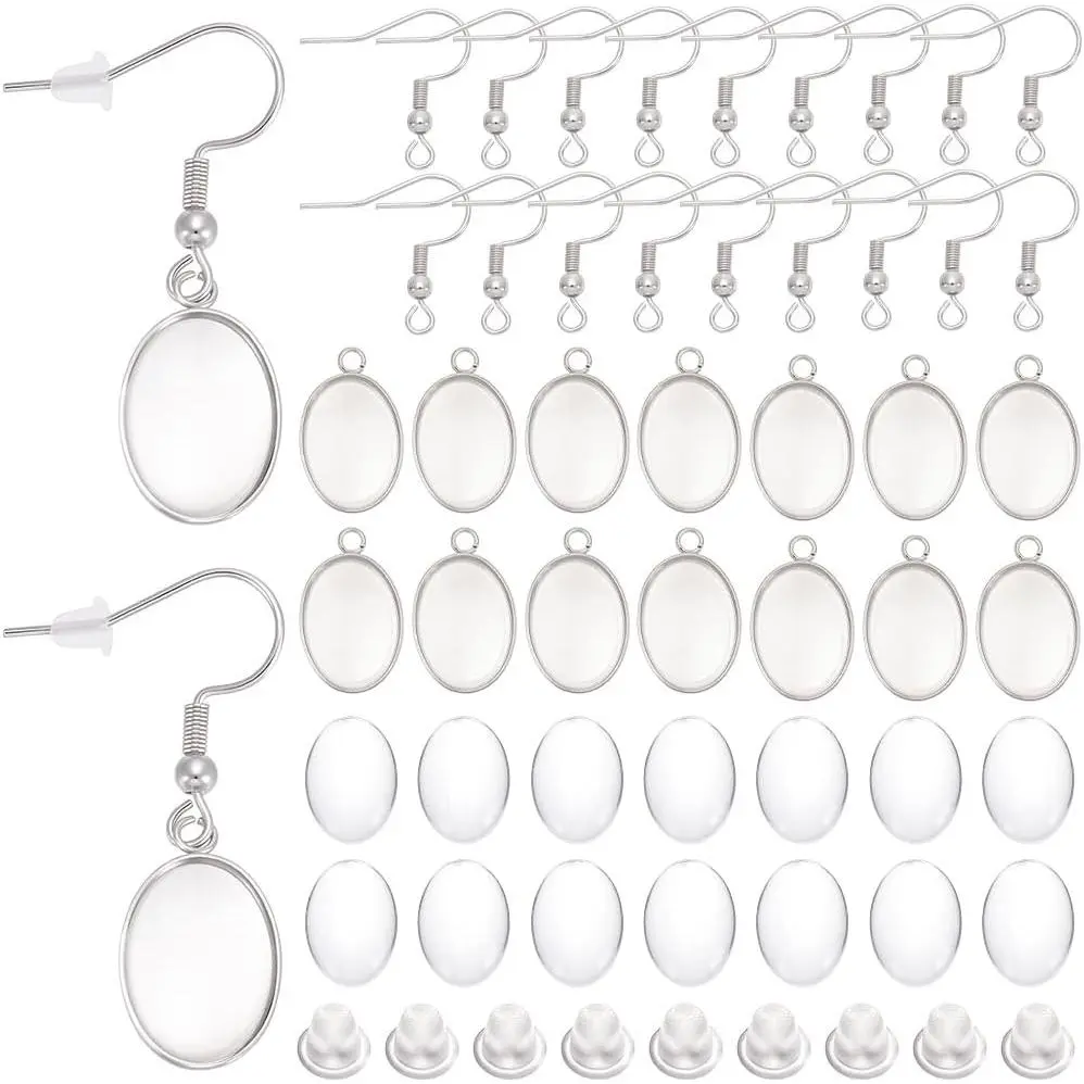 1 Box 80 count 20 Sets 14x10mm Bezel Earring Blanks  Oval Cabochon Earring Making Kit with Glass Covers Hooks  Backs Accessories for DIY  Making Dangle Charms Women Crafts