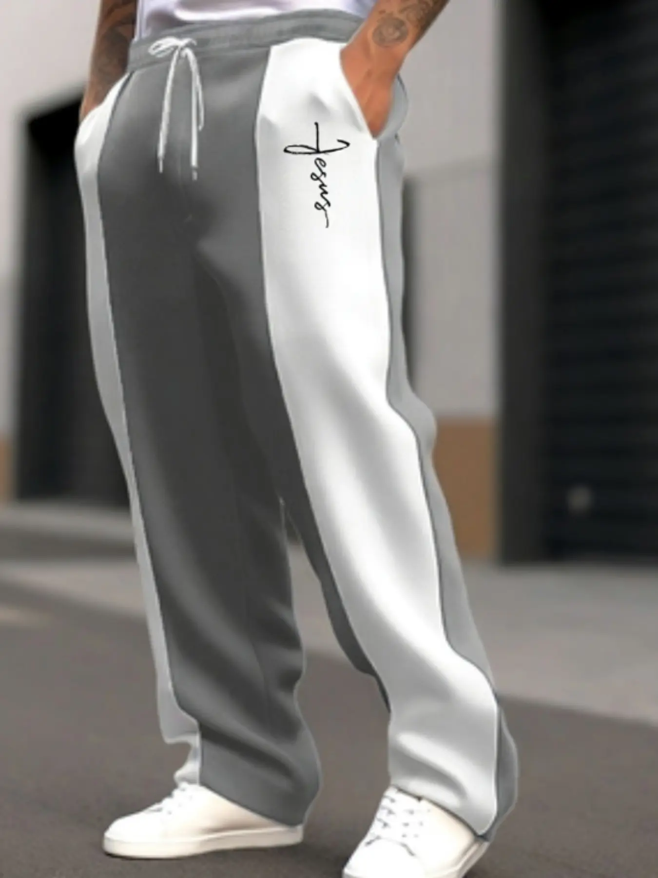 Men's Colorblock Patchwork Wide Leg Sweatpants, Drawstring Waist Straight Leg Pants, Letter Print Casual Sports Pants, Fall Winter Streetwear, Adjustable Drawstring Sweatpants