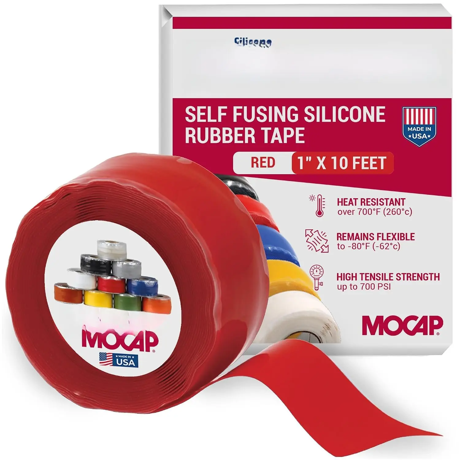 MOCAP Heavy Duty Electrical , Self-Fusing  Rubber,  & Insulating Flexible , Electrical for Hose, Automotive, Outdoor & Repairs - 1" x 10ft Roll - Bright Red