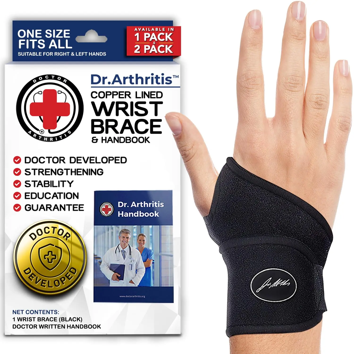 Handbook Included (Wrist Brace 1 Pack), Doctor Developed Wrist Brace, Wrist Wraps for Carpal Tunnel, Tendonitis, Hand Support, Ideal for Fitness, Weightlifting