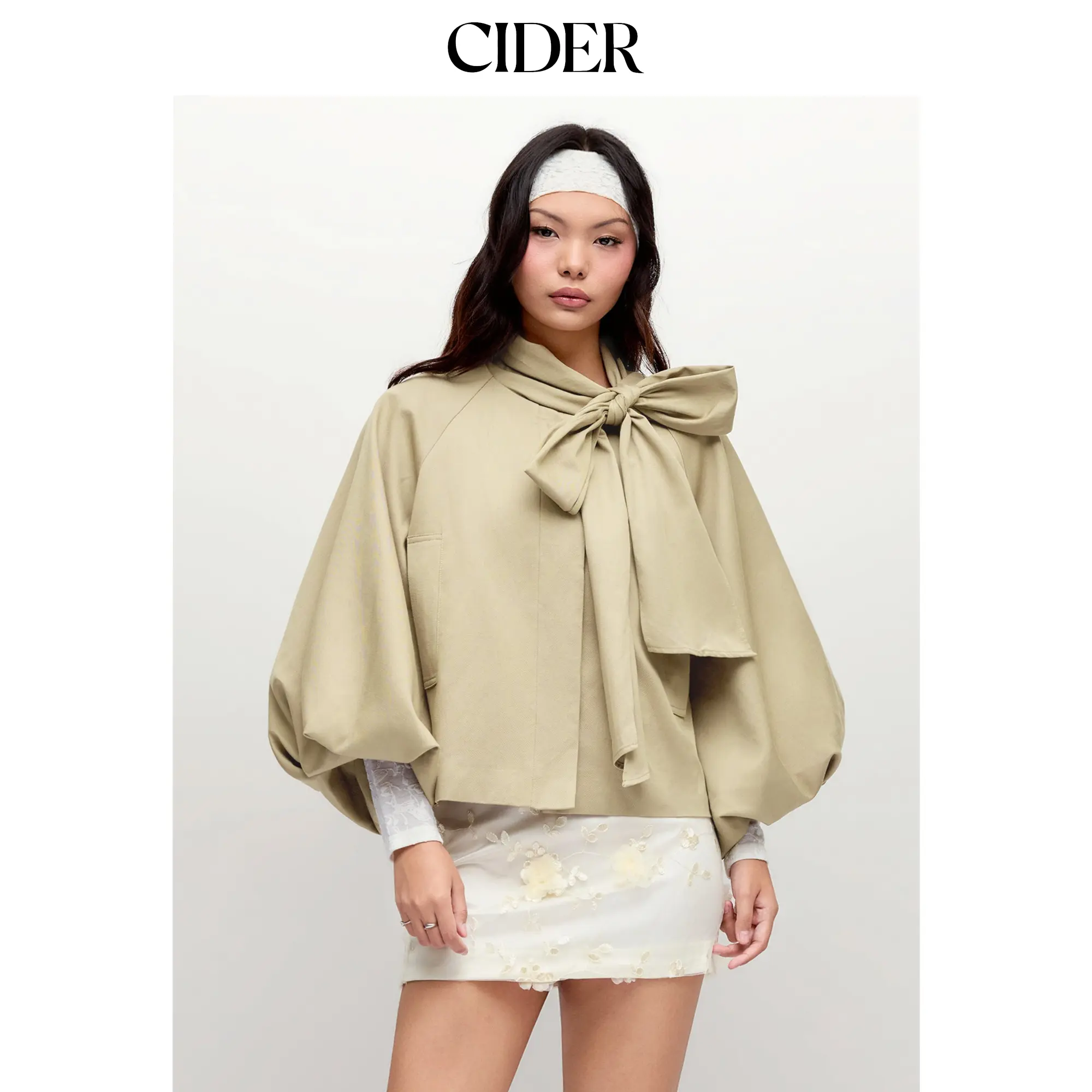 Cider Cotton-blend Asymmetrical Neck Lantern Sleeve Bowknot Oversized Trench Coat SohoChic