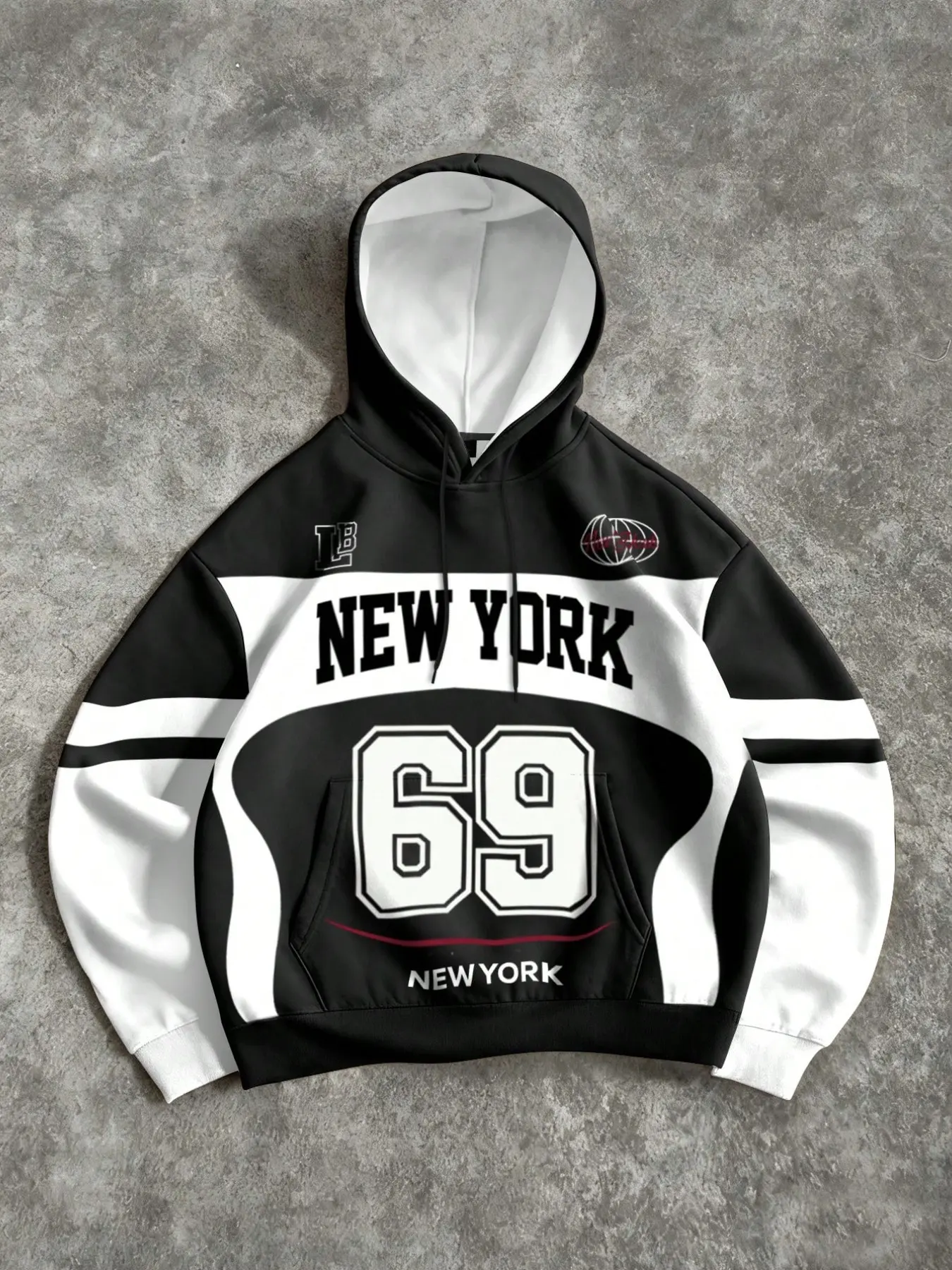 New York 69 Colorblock Hooded Sweatshirt, Vintage Sports Jersey Style, Men's Oversized Pullover, Long Sleeve, Fall & Winter Casual Wear