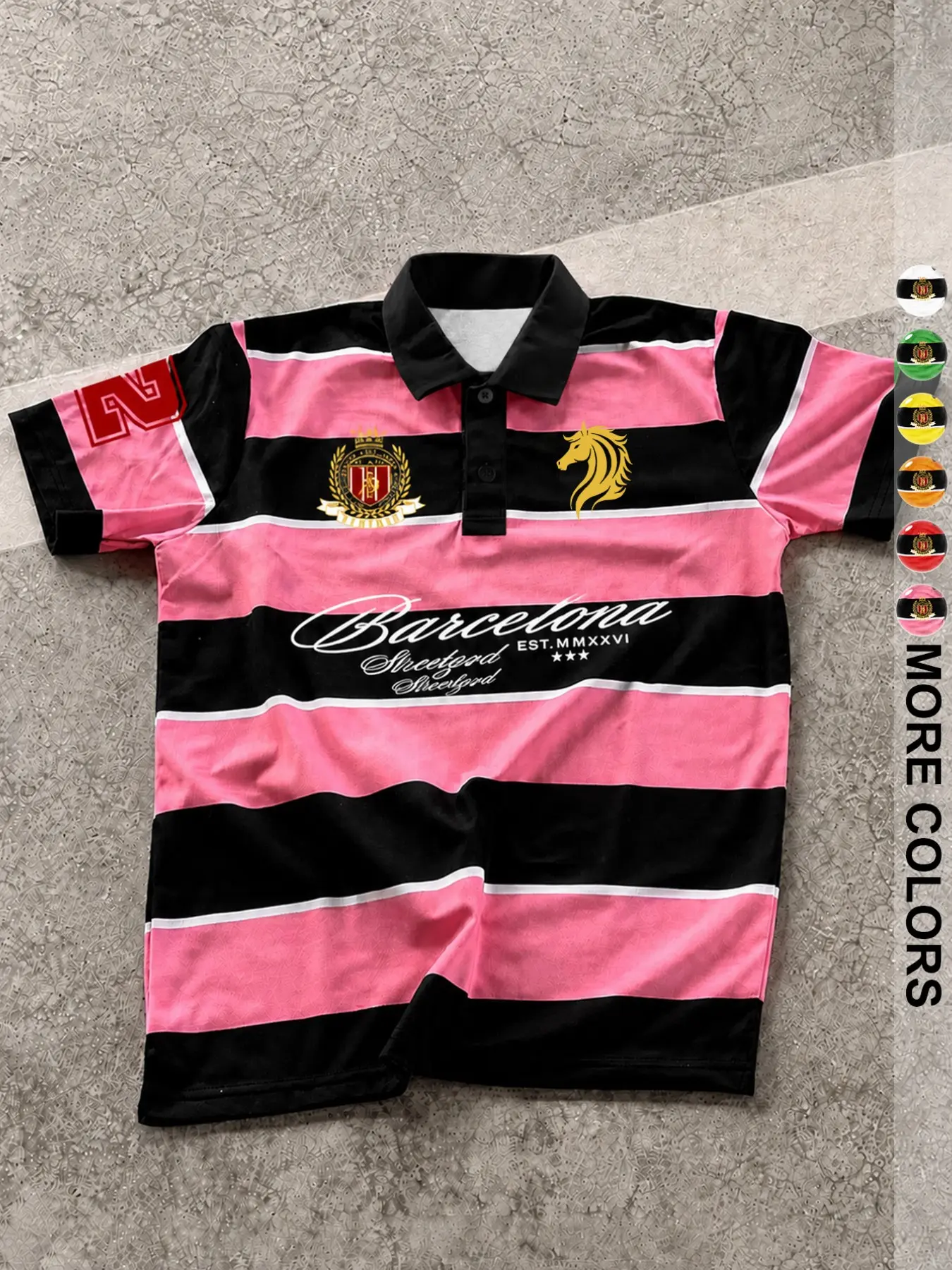 Vintage Rugby Style Striped Badge Print Polo Shirt, Men's Loose Fit Drop Shoulder Collar Short Sleeve, Streetwear Fashion
