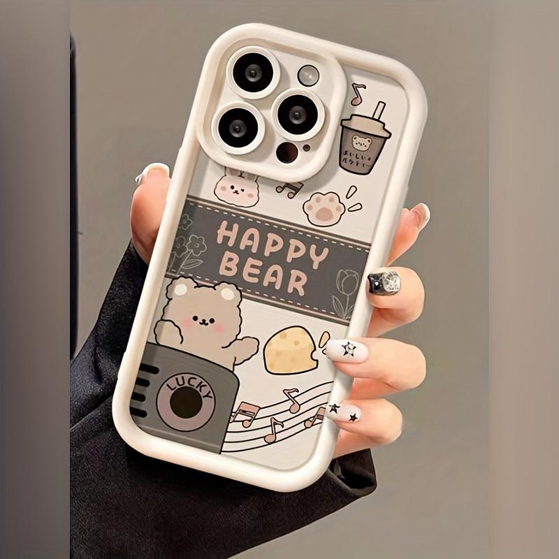 Happy Milk Tea Bear Fully Transparent Anti-Drop Soft Case, Simple and Premium Transparent Air Cushion, Compatible with iPhone 17 E Air Pro ProMax iPhone16 15 14 Plus 13 12 Mini 11 X XS XR