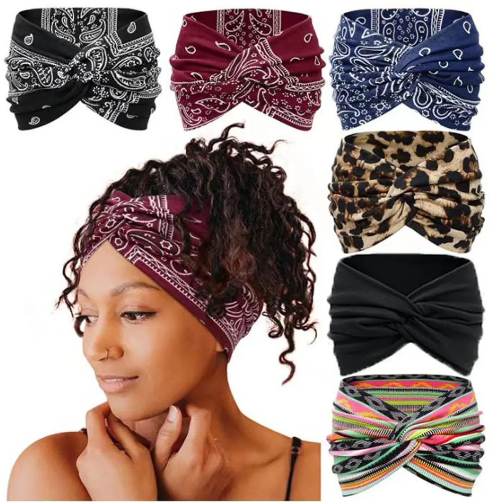 Women's Extra Wide Paisley Boho Elastic Cotton Headbands - Sweat-Wicking Stretchy Chic Gym Workout Turbans for Yoga, Running, Headbands for Women, Gym Headband