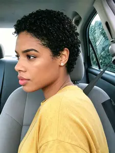 Burgundy Color Daily Party Cosplay Wig, Machine Made Short Afro Curly Pixie Cut, 150% Density Human Hair Wigs for Women
