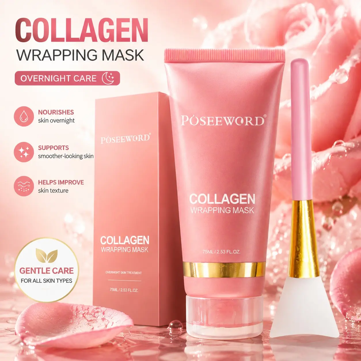 2-Pack 75ML Poseeword Collagen Wrapping Mask, Overnight Hydrating Face Mask for Nourishing Skincare Routine, Lightweight Facial Mask for Smooth Looking Skin, Suitable for Daily Use