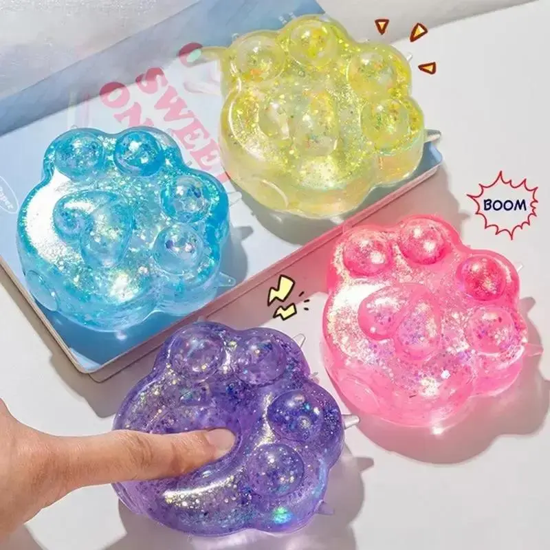2pc Random Color Sequined Cat Paw Stress Reliever - Soft TPR Slow Rebound Maltose Pinch Item, Colorful Fuzzy Squishy Balls Gag Toys & Practical Jokes, Mini Squishies, Squishy Stretch Tool for Adults, Elastic Decompression Toy