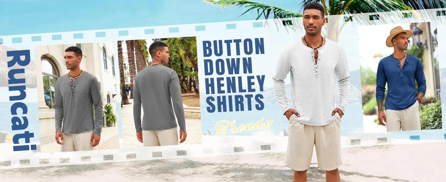 Beotyshow Mens Distressed Henley Shirts Retro Long Sleeve Tee Shirts Casual Button Down Washed T-Shirts for Men Cotton Menswear Father's Day Gift Shirt