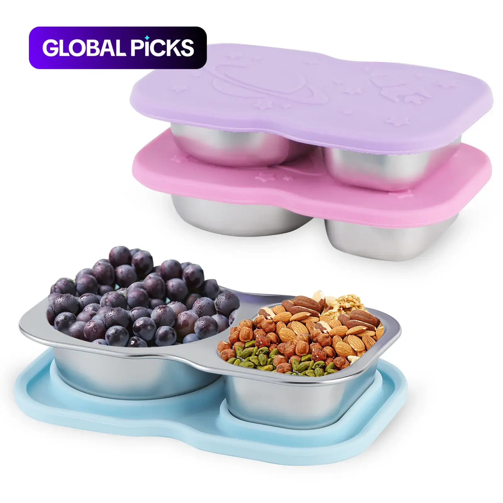 3 Pack Stainless Steel Snack Containers with Silicone Lids, Microwave Safe Container, 2-Compartment for Lunch, Office, Travel & Camping, Durable Kitchen Food Storage, Meal Prep Containers