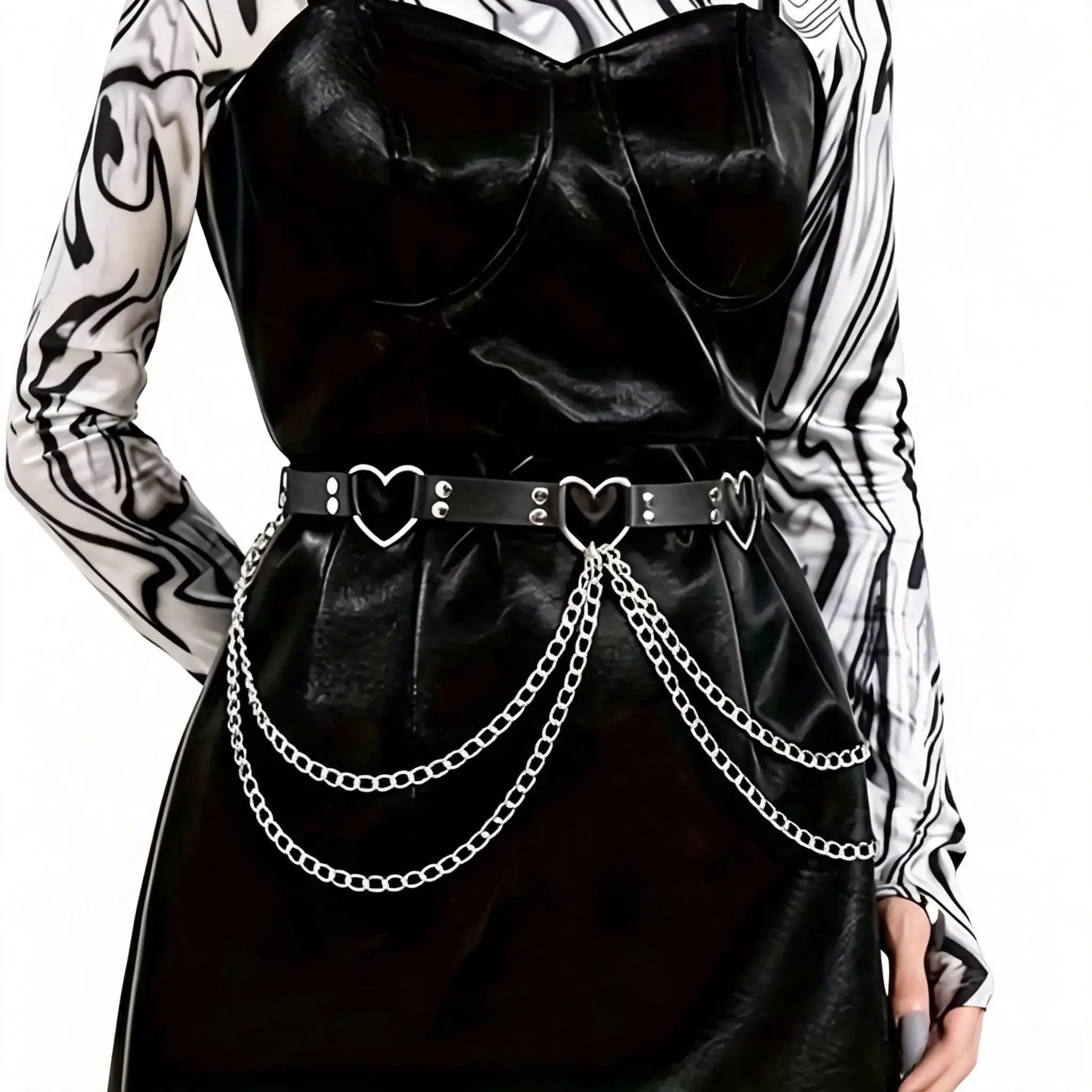 Female Wear Black Faux Leather Waist Strap - Anti-Rust Hollow Heart Metal Buckle, Layered Chains, Multi-Size Adjustable Gothic Punk Coquette Harness Belt for Daily Outfits, Club Parties