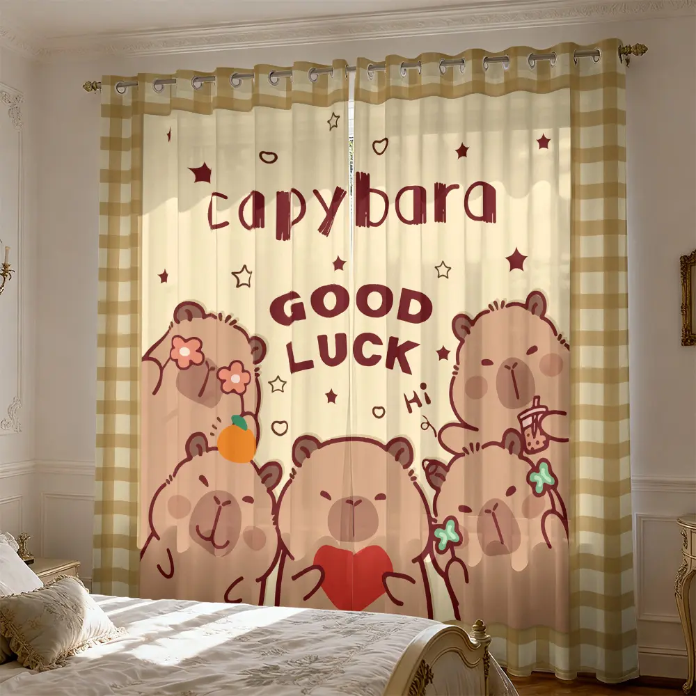 1 Pair Digital Print Sheer Split Curtain,Cute Capibala pattern,Machine Washable Punch Hole Curtain,Privacy Shield, Bedroom Balcony Motel Decor Gift, Window Curtain