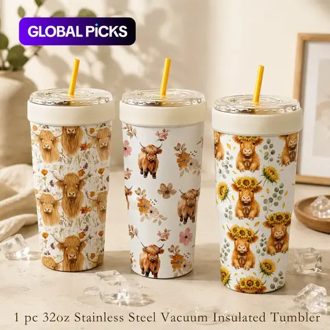 1 PC Highland Cow Floral Print 2-in-1 Leakproof Insulated Can Cooler, Reusable Insulated Tumbler, with Tumbler Lid, Converts to Travel Tumbler, Double Wall Vacuum Stainless Steel, Fits Most 16-24oz To-Go Coffee & Bubble Tea Cups, Perfect for Daily Use