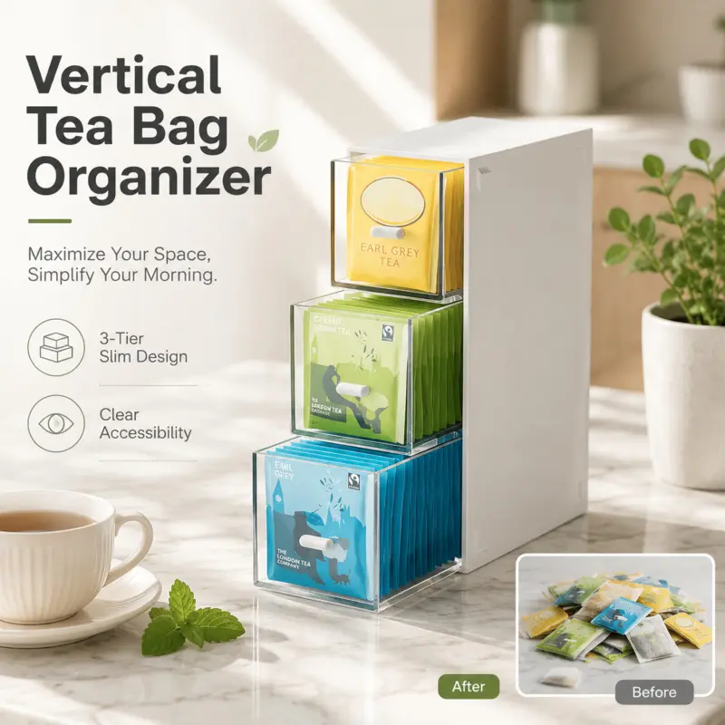 3 tier vertical tea bag organizer slim transparent drawer tea storage caddy countertop coffee station accessory