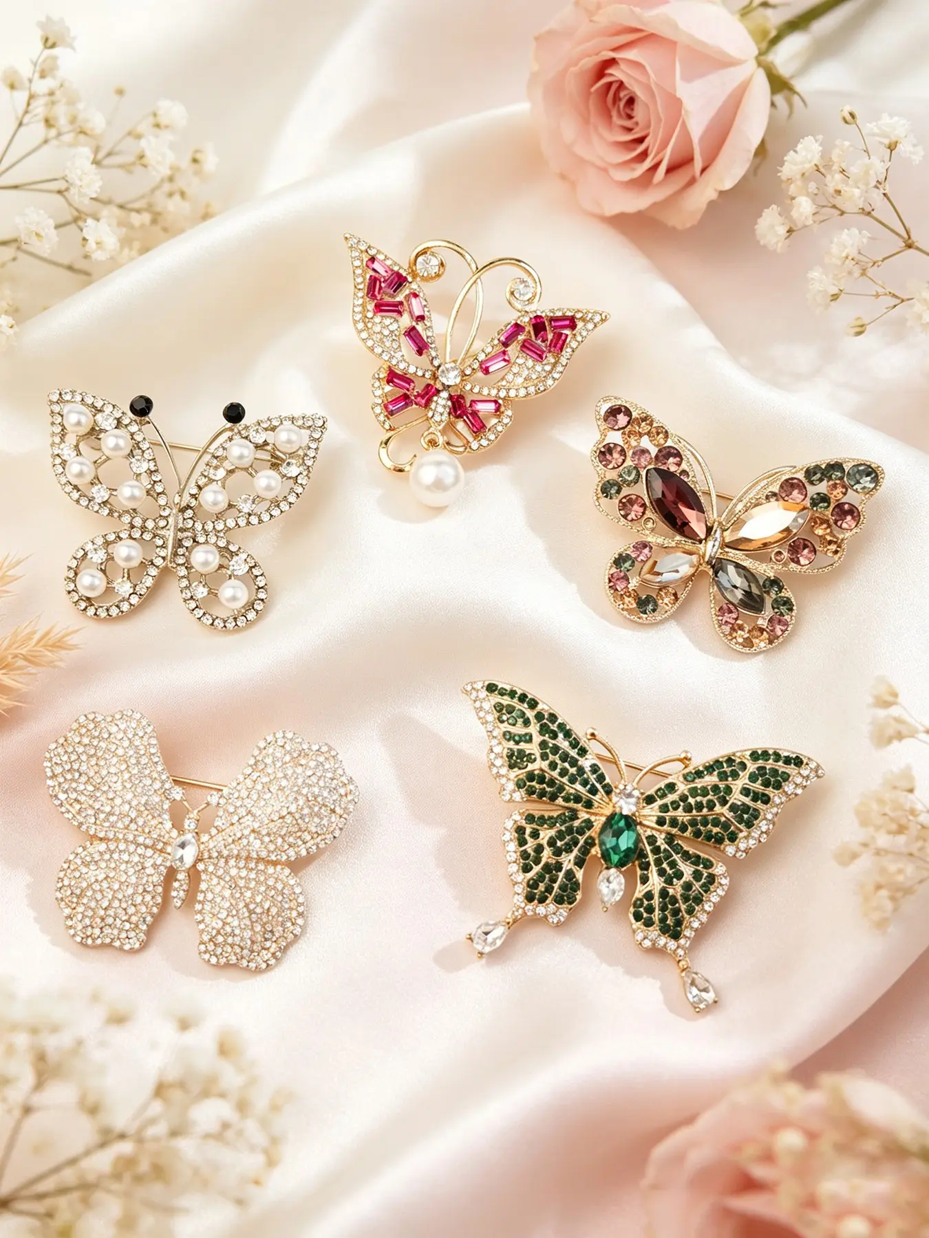 5-Piece Women’s Butterfly Brooch Collection - Multicolor Rhinestone, Pearl & Crystal Lapel Pins in Gold Tone, Elegant & Whimsical Statement Brooches for Bridal, Formal Events & Casual Wear