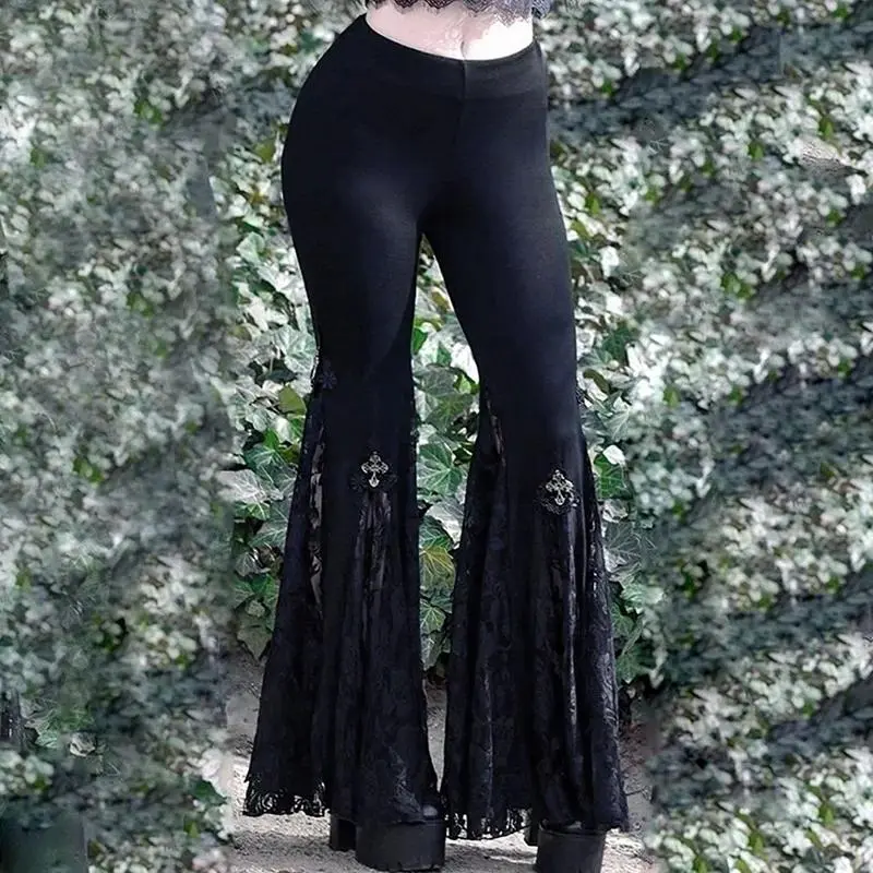 Goth Mall Flare Pants Sexy Black Lace Patchwork High Waist Vintage Harajuku Hippie Punk Grunge Streetwear    Pants