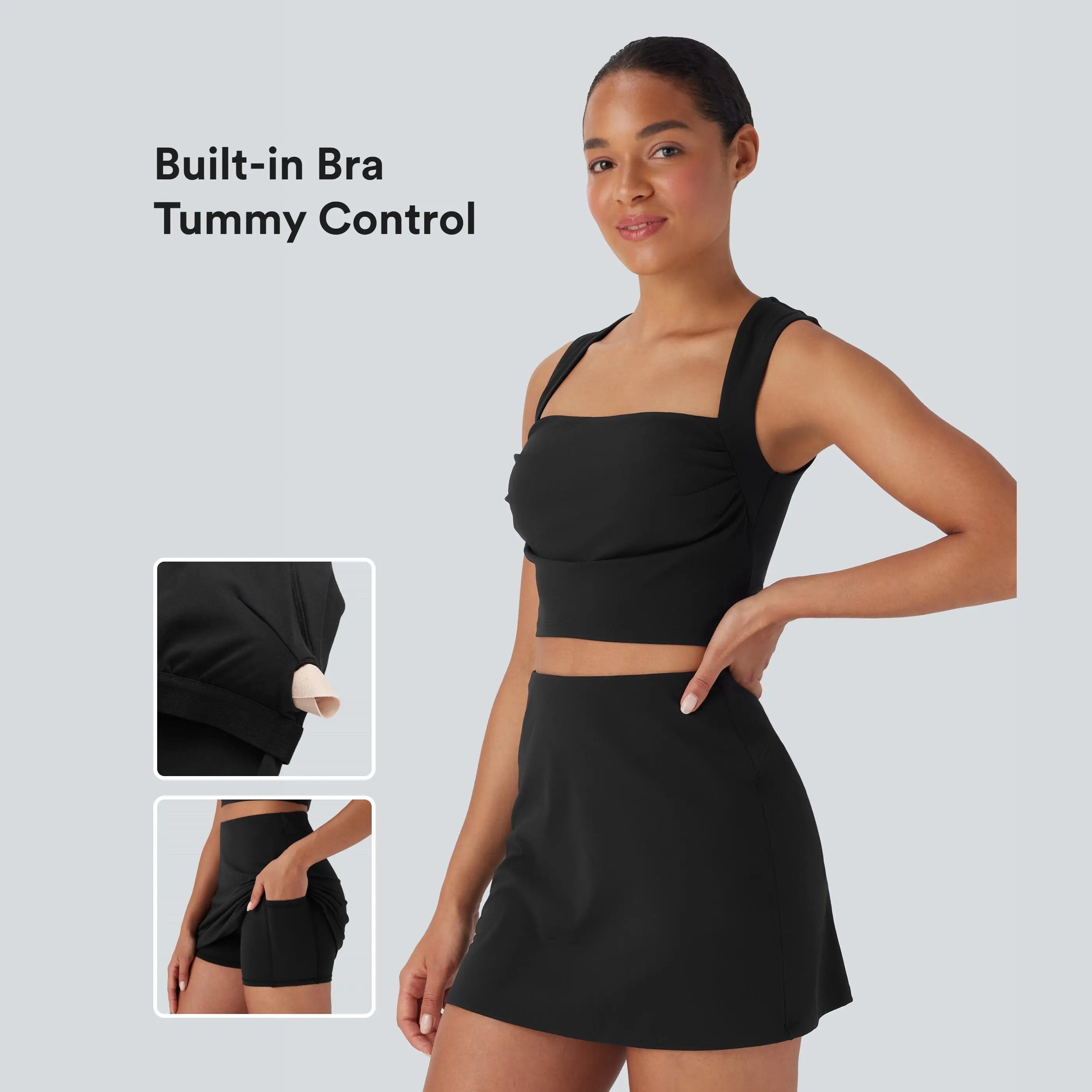 Halara Softlyzero™ Plush Square Neck Ruched Tank Top And Tummy Control 2-in-1 Yoga Skirt Set with Pocket