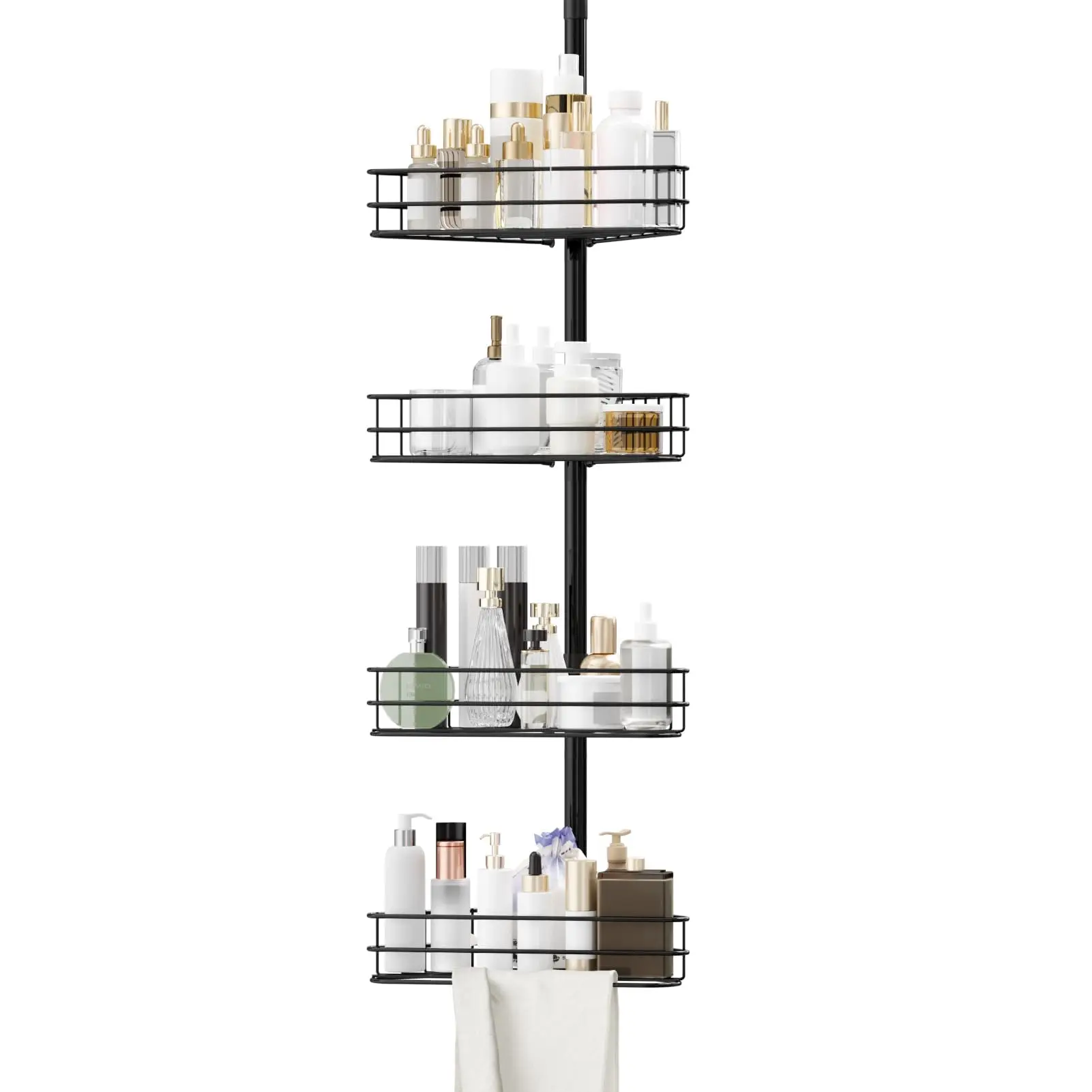 GARVEE Mountable Corner Tension Rod Shower Organizer, 4-Level Stainless Steel Shelf with Integrated Towel Bars, Adjustable 76-110 in Space-Saving Bathroom Storage, Mount