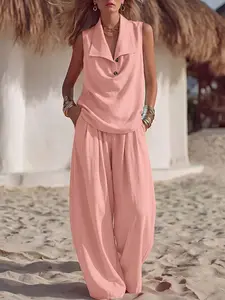 ZANZEA Women's Lapel Button Loose Solid Sleeveless Top and Pleated Long Pants Set, Two-Piece, European and American Style, Casual Fashion