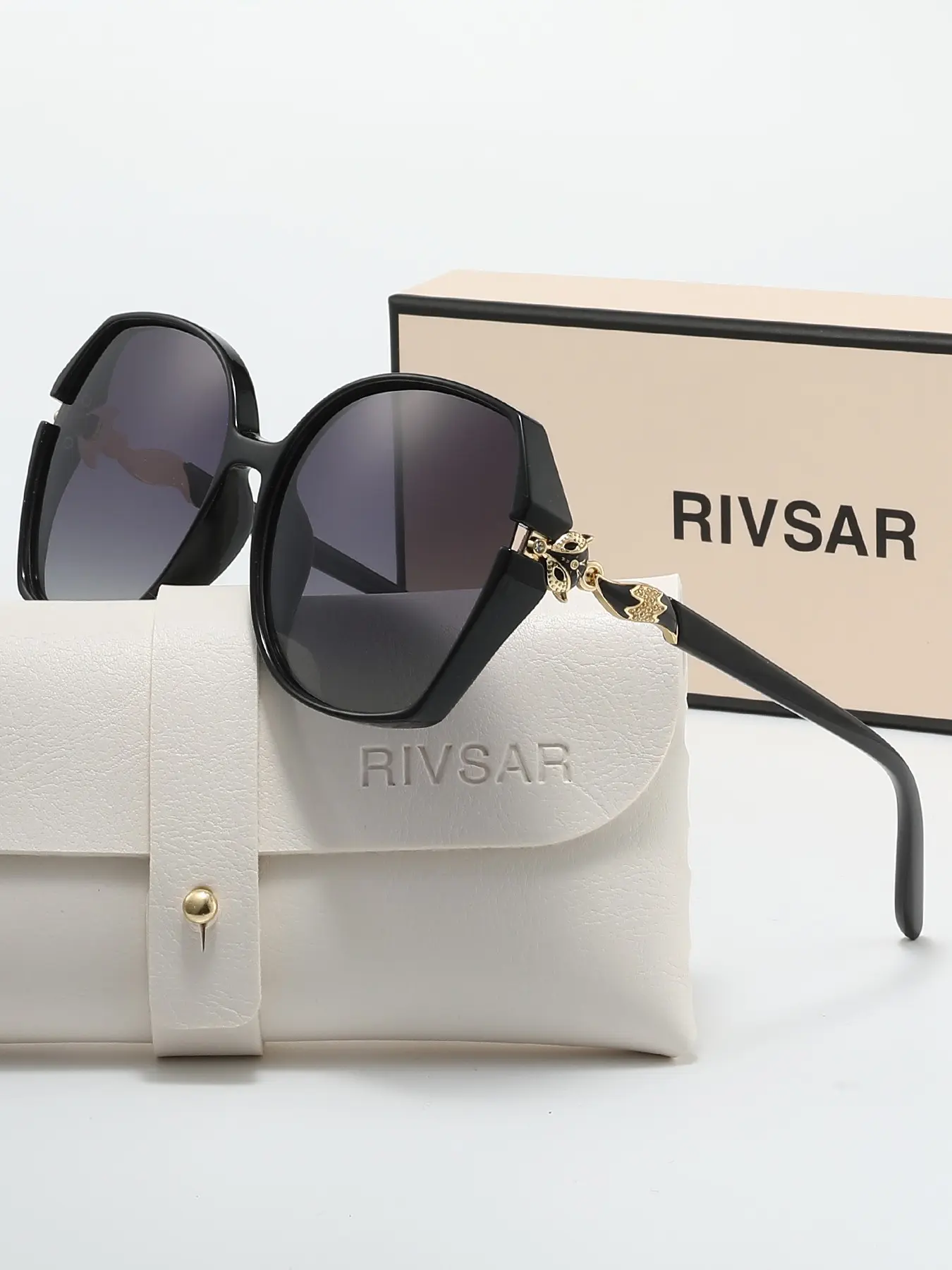 Rivsar Summer Fashion Polarized Women's Large Frame Sunglasses, Fox Metal Decoration, Outdoor Casual, Street Style, Gift Box Packaging