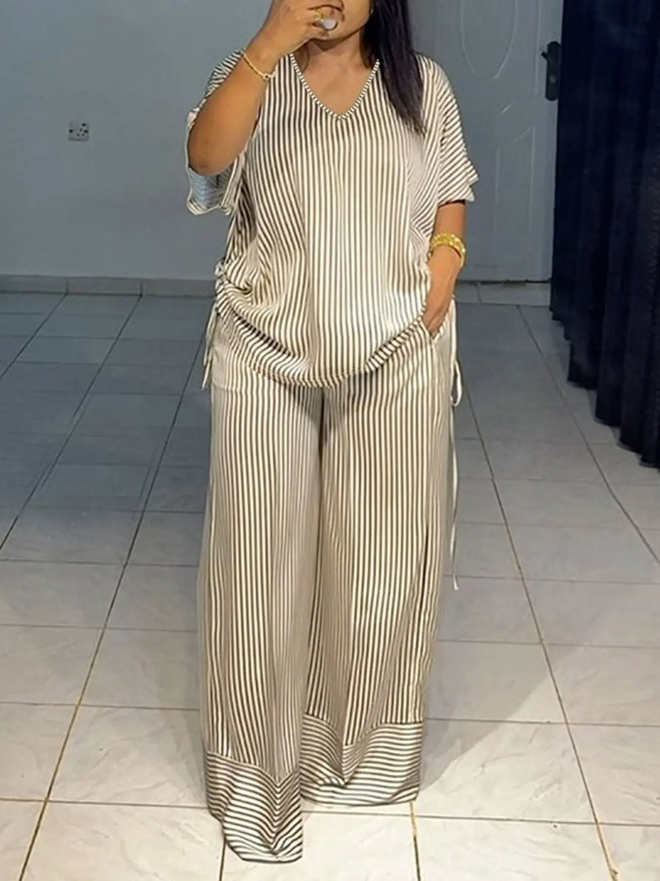 Plus Size Women's Loose Vertical Striped Two-Piece Set, V-Neck Short Sleeve Top with Pockets, High Waist Wide Leg Pants, Casual Vacation