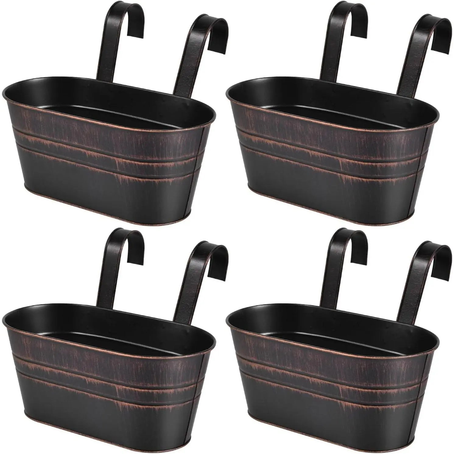 4 Pack Metal Hanging Flower Pots Iron Railing Planter Outdoor Fence Hanging Pots Bucket Plant Holder with Detachable Hooks Drain Holes for Home Garden Yard Decor (Black)