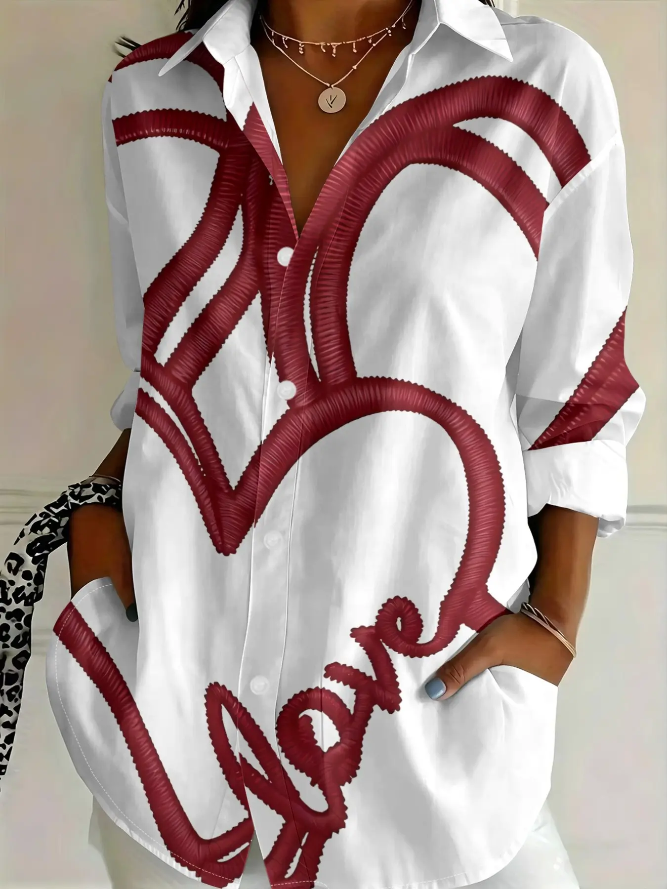 2026 New Ladies European and American Style Romantic Heart Print Shirt with 3D Wrinkle Lines Casual Loose-Fitting Blouse with Love Alphabet Collar Long Sleeve