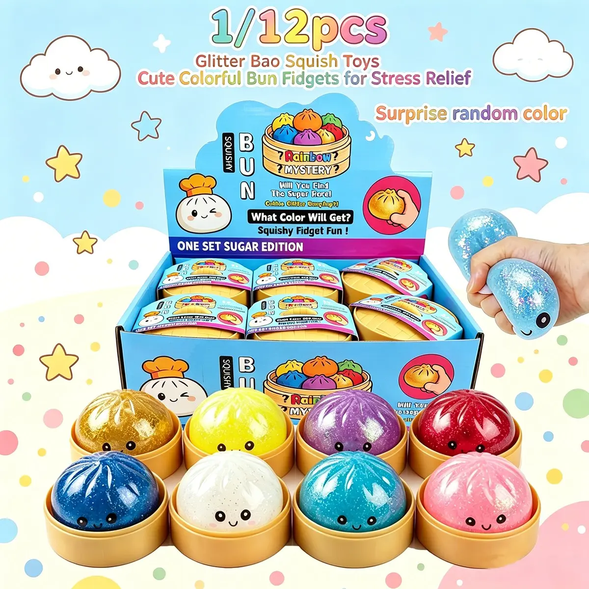 1/12pcs-Colorful Glitter Bao Bun Squishy Steamed Bun Squeeze Toys, Stretchable Dumpling Stress Relief Balls with Mini Steamer, Cute Sensory Fidgets for Kids Adults, Ideal Desk Toys & Birthday Presents