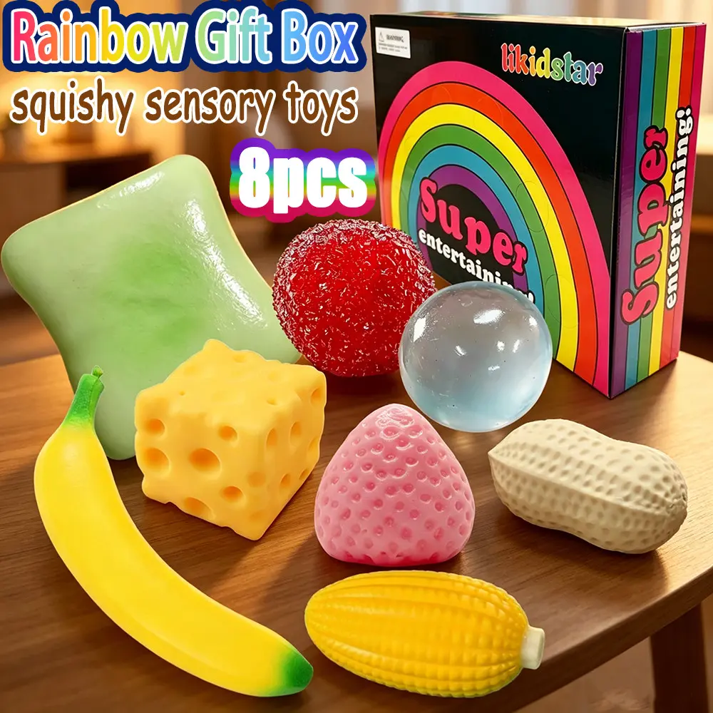 8pcs Rainbow Box Sensory Toy Set, Soft Slow-Rising Squeeze Stress Relief Toys, Cute Desktop Decor & Party Gift