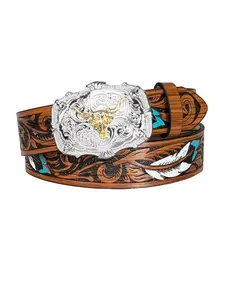 Cowhide retro embossed buckle belt, trendy animal horn pattern, leather belt.