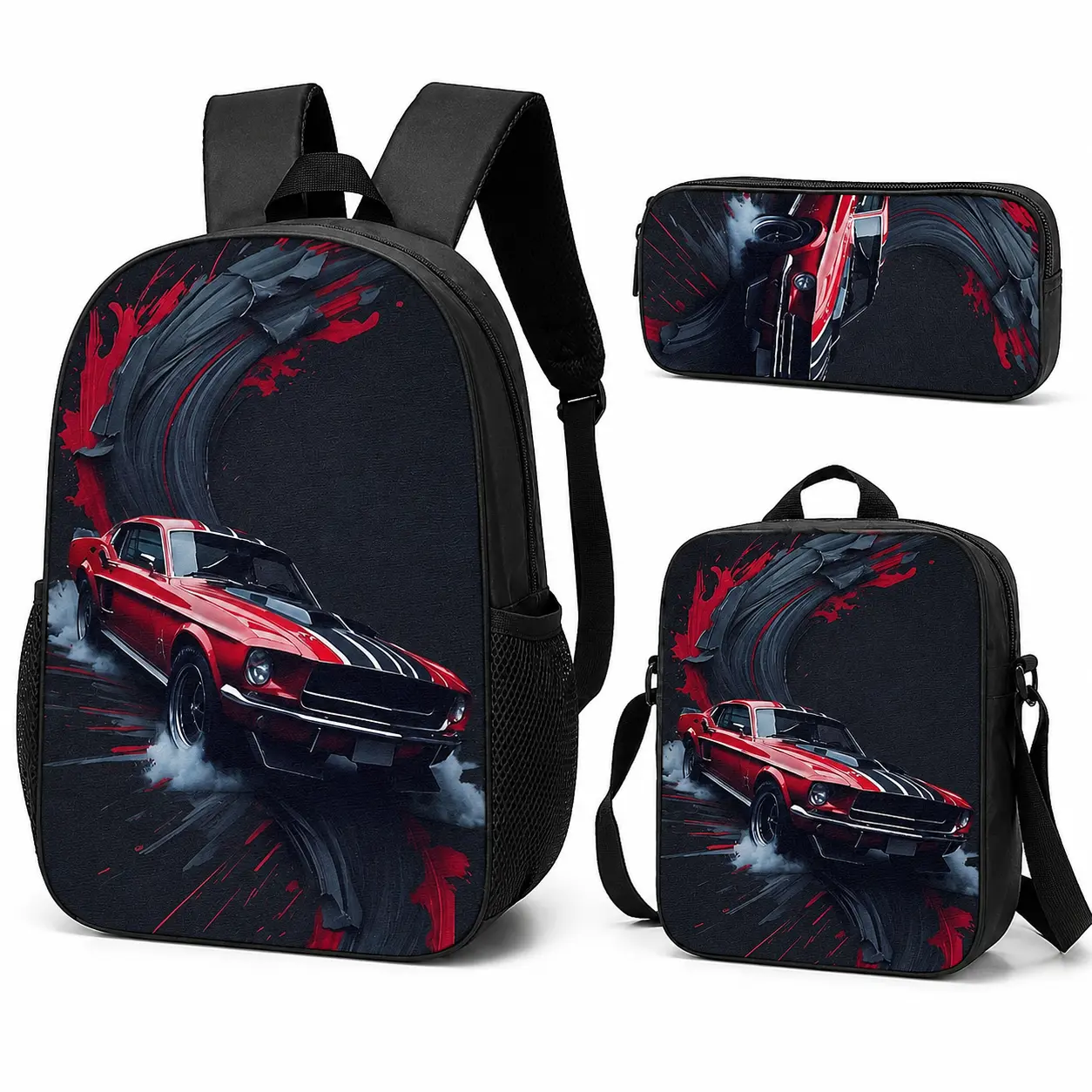 3PCS Kids Racing Car Backpack Set, Red Sports Car Print School Bag Set with Backpack, Lunch Bag and Pencil Case, Cool Vehicle Student Bookbag for Boys Girls, Matching Back to School Gift Set, back-to-school style,reinforce,strap,,adjustable,breathable