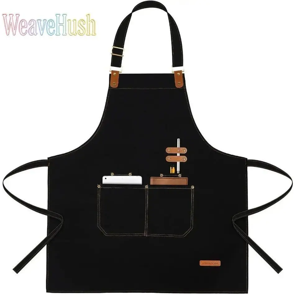 Multi-Pocket Half Waist Work Apron for Chefs, Solid Color Stain & Oil-Resistant Kitchen Wear for Easy Cleaning, With Pocket, Black Apron With Pockets