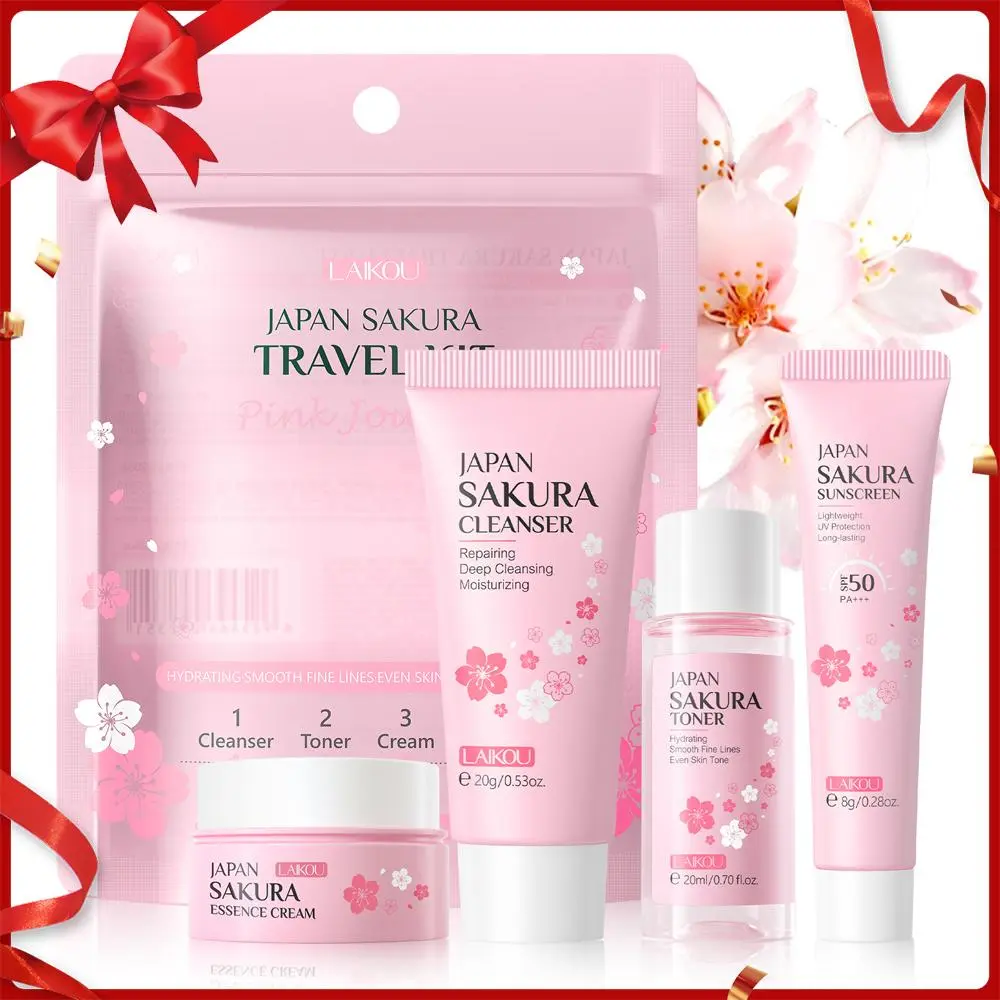 Sakura Travel Skincare Kit (4pcs), Hydration Set, Deep Cleansing Facial Cleanser & Moisturizing Essence Cream & Hydrating Toner & SPF 50 PA+++ Sunscreen, Professional Facial Skin Care Kit, Ideal Gift #GLOBAL PICKS