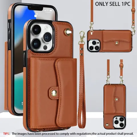 Horizontal and Vertical Wallet Card Holder with Lanyard, Leather Protective Smartphone Cover Case for iPhone 17, 16, 15 Pro Max, 14 Plus, 13 Pro, 12 Pro, 11 Pro Max, Sliding and Handheld Design, Drop-Proof Shockproof Phone Case