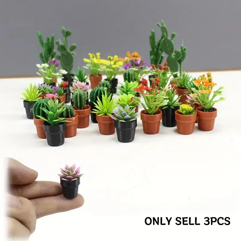 3pcs Mini Artificial Succulent Plant Pots, Vibrant Colors, Realistic Flowers, Plastic Material, Dollhouse Decor, Model House Accessories, Fake Flower Plants, Artificial Plant Set, Fake Succulents, Decorative Fake Plant - styles are random