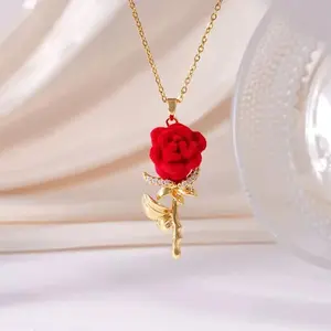 18K Gold Plated Red Flocking Pendant Inlaid Cubic Zirconia Dainty O Link Chain Romantic Flower Charm for Women Valentines Birthday Jewelry Elegant Bear nut necklace