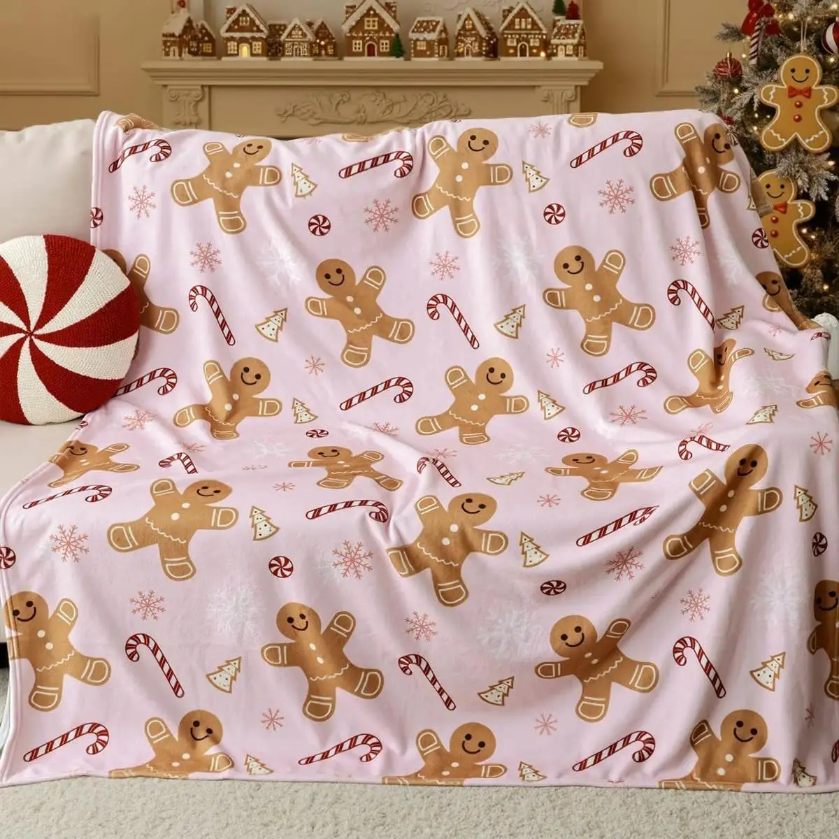 Pink Gingerbread Flannel Throw Blanket - Flannel Fabric, Cute Holiday Pattern, Holiday Cheer for Home, Room & House Decor, Festive Gift, Room Decor, Living Room