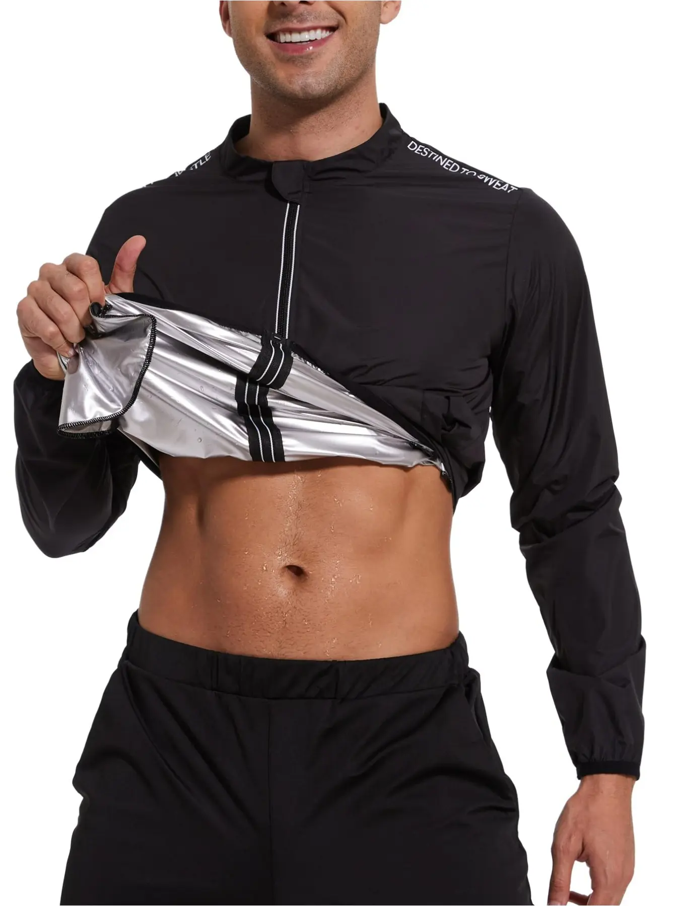 Sauna Suit for Men= Silver Coated Logo Athletic Sweat Jacket Workout Heat Trapping Training