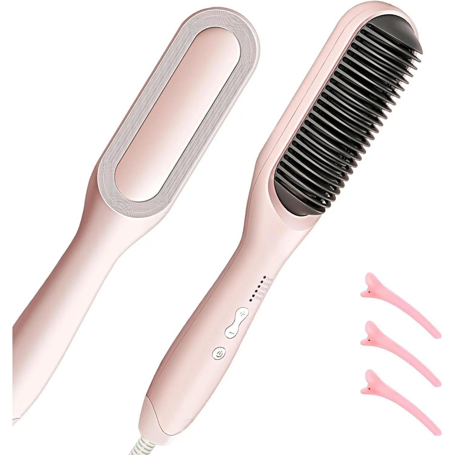 Heated Straightening Brush for Straightening Curly Hair, Ionic Ceramic Iron with 6 Adjustable Temps, Anti-Scald Protection & Dual Voltage, Blowout Hair, Frizz Control, Any, None, Hair Styler, Silky Straight Hair