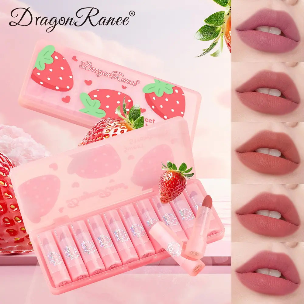 Matte Strawberry Lip Gloss Set, 10 Pieces, Waterproof & Long-Lasting, Velvet Finish, Women's Lipstick Collection, Perfect for Daily Use