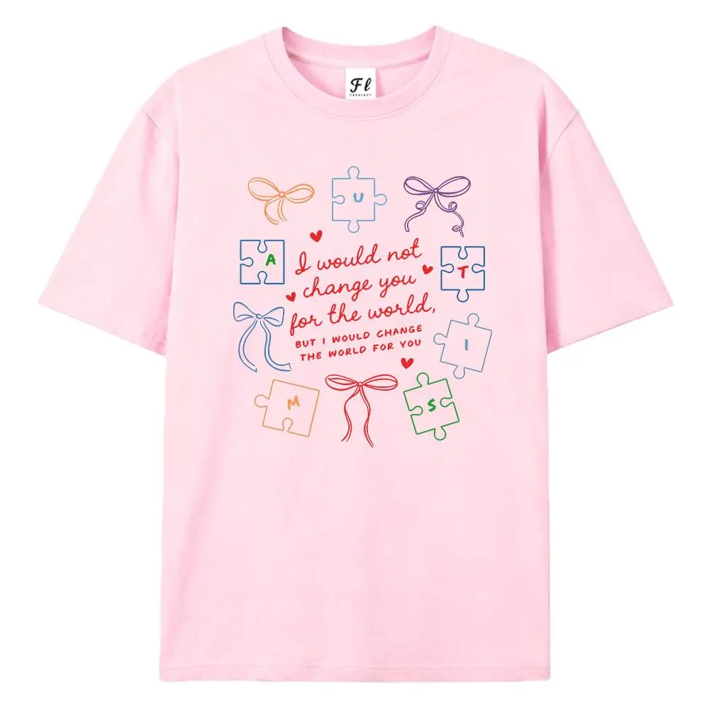 Women's Coquette Pure Cotton T-Shirt - Cute Round Neck Short Sleeve Top with Autism Awareness Puzzle Print & Bow Motif, Basic All Seasons Street Tshirt