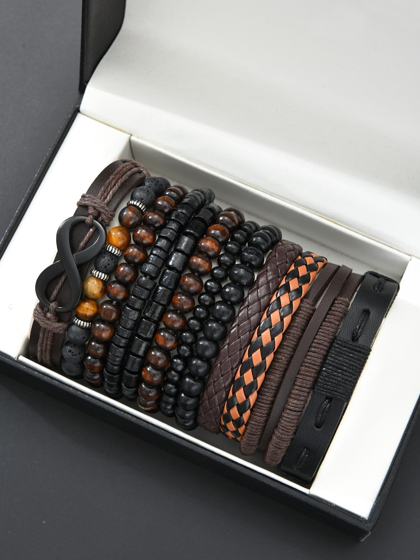 Men's Fashion Beaded & Braided Link Bracelet (12pcs), Fashion Jewelry for Party, Everyday Accessories, Trendy All-match & Exquisite Jewelry for Birthday Gift