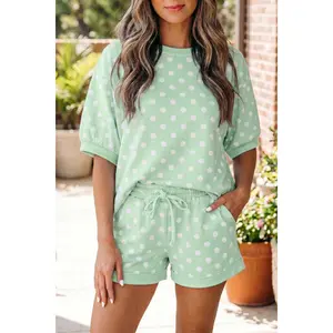 Green Polka Dot Oversized Top Drawstring Short Set