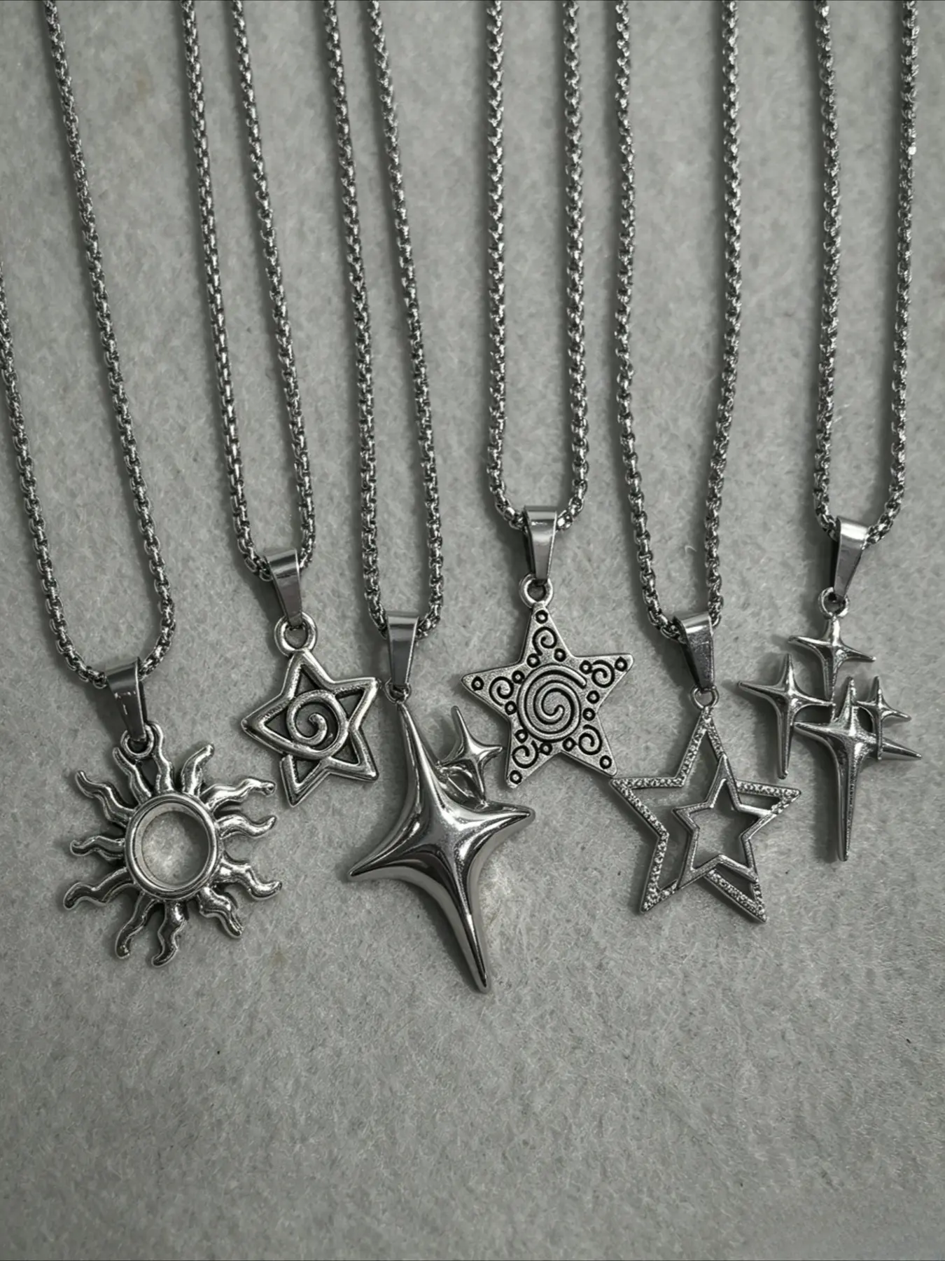 6-piece Y2K Star Sun Pendant Necklace Set - Silver Retro Star Spiral Sun Punk Street Style Chain Necklace