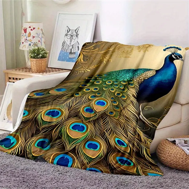 1pc Golden Peacock Pattern Printed Blanket, Soft And Comfortable Blanket For Travel, Nap Blanket For Sofa Bed, Office Home Decoration, For Birthday Holiday Gift, Available All Year Round