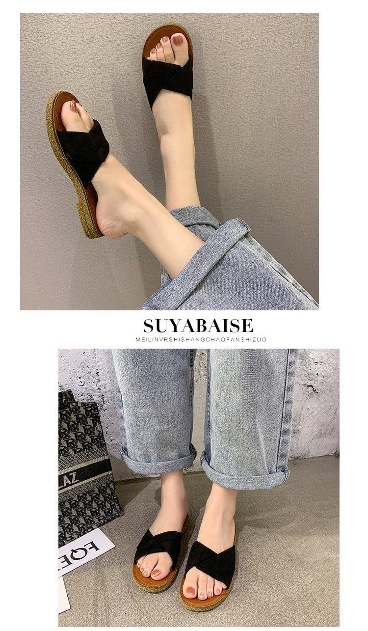 Summer women's sandals for outdoor wear 2026 new model, flat cross-strap suede slippers for women